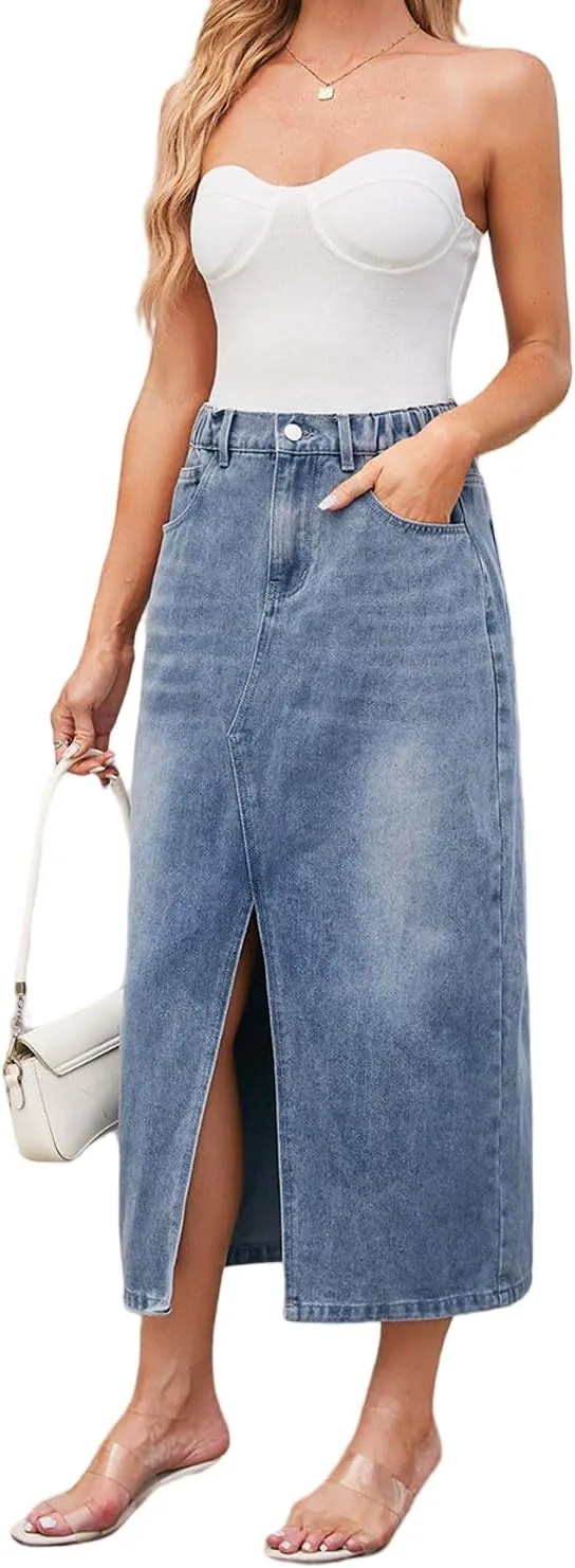Women's High Waisted Front Slit Denim Maxi Skirt Stretchy Waist Long Jean Skirt Streetwear
