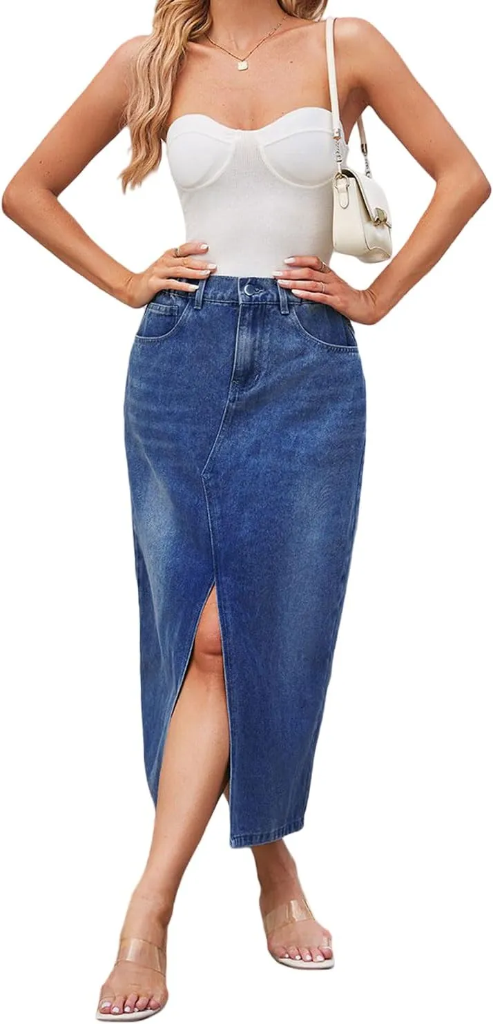 Women's High Waisted Front Slit Denim Maxi Skirt Stretchy Waist Long Jean Skirt Streetwear