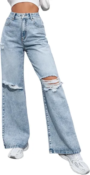 Women's High Waisted Ripped Wide Leg Denim Pants Casual Loose Fit Jeans