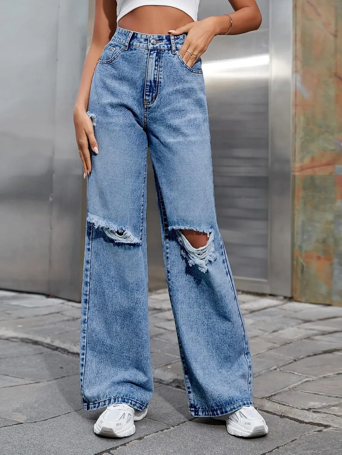 Women's High Waisted Ripped Wide Leg Denim Pants Casual Loose Fit Jeans