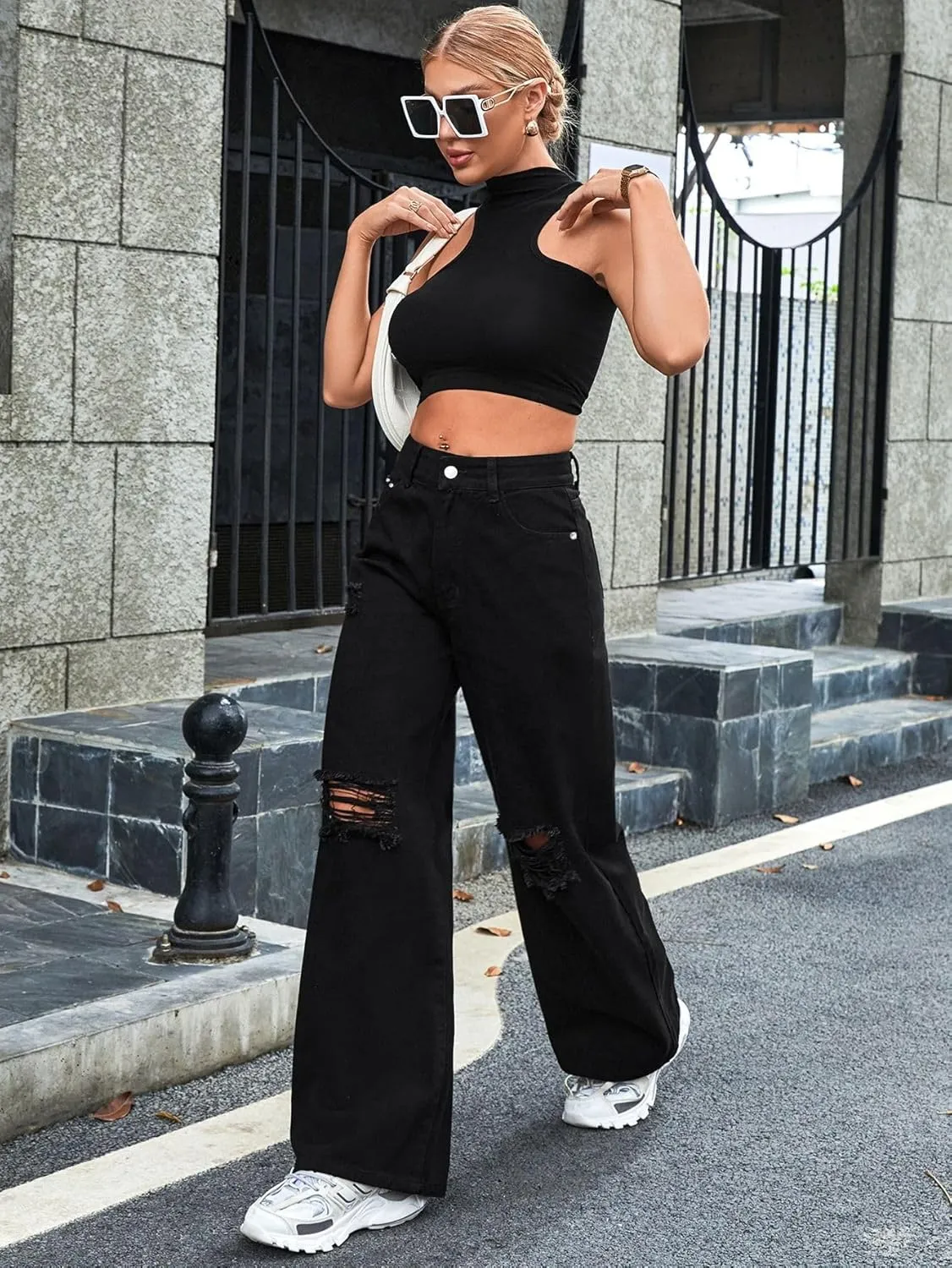 Women's High Waisted Ripped Wide Leg Denim Pants Casual Loose Fit Jeans