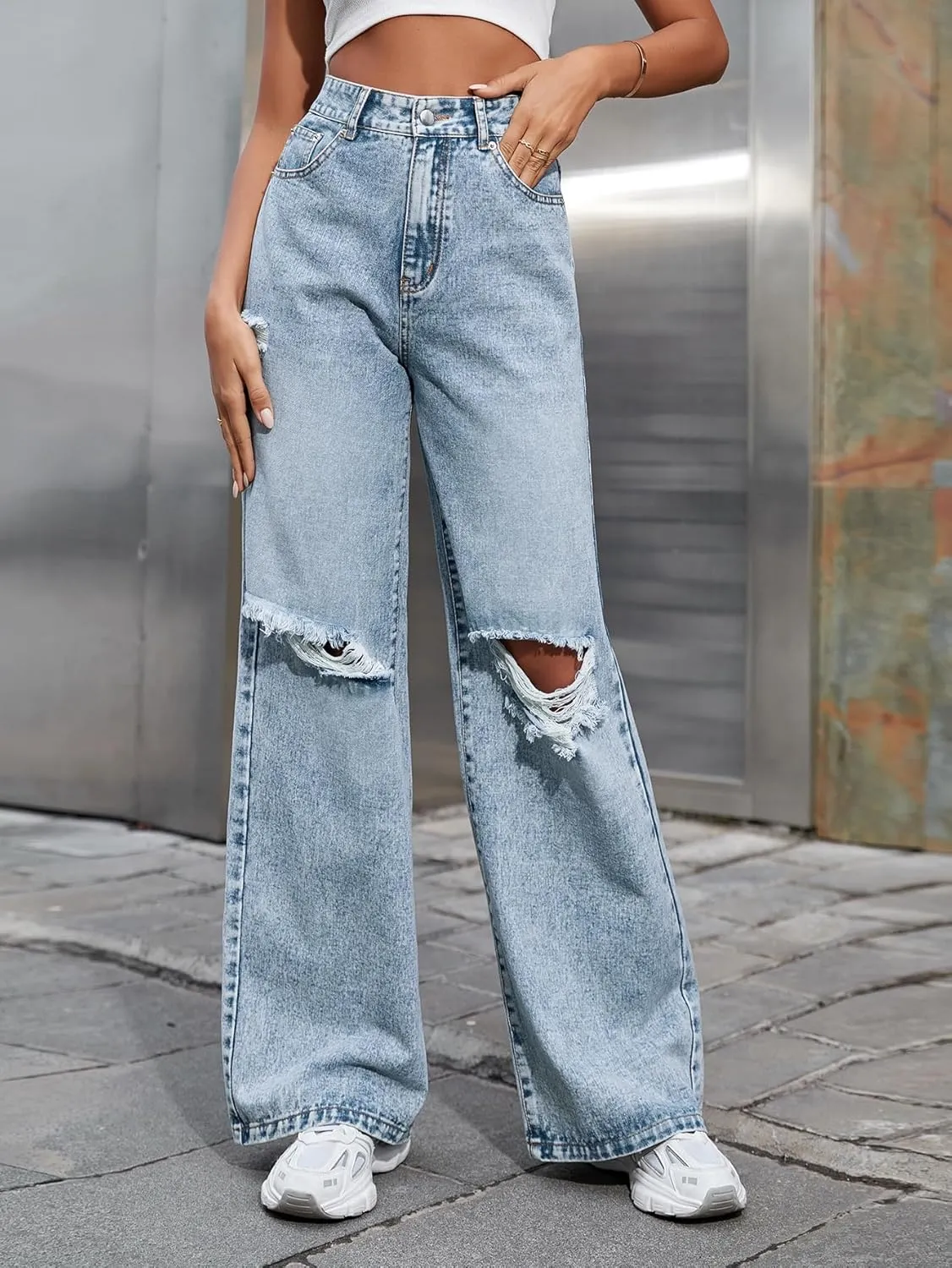 Women's High Waisted Ripped Wide Leg Denim Pants Casual Loose Fit Jeans