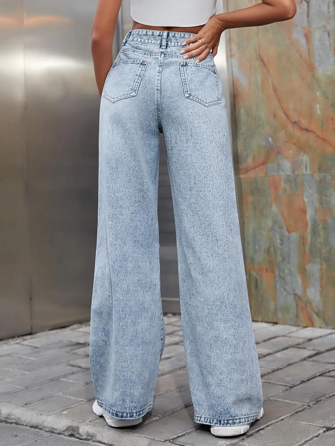Women's High Waisted Ripped Wide Leg Denim Pants Casual Loose Fit Jeans