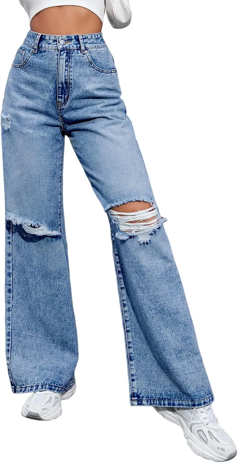 Women's High Waisted Ripped Wide Leg Denim Pants Casual Loose Fit Jeans
