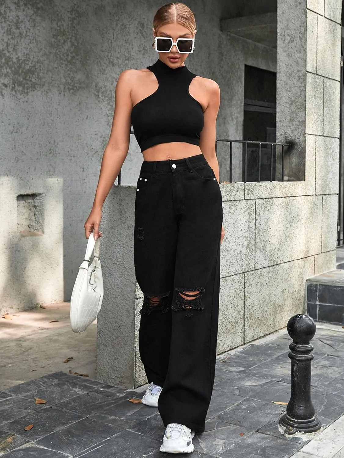 Women's High Waisted Ripped Wide Leg Denim Pants Casual Loose Fit Jeans