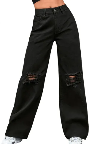 Women's High Waisted Ripped Wide Leg Denim Pants Casual Loose Fit Jeans