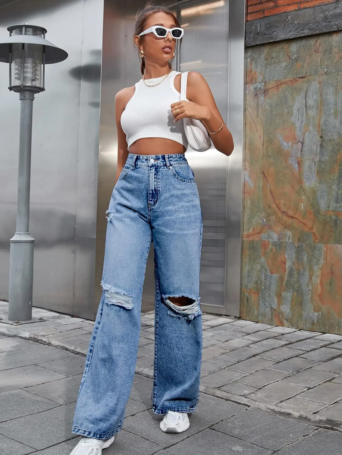 Women's High Waisted Ripped Wide Leg Denim Pants Casual Loose Fit Jeans