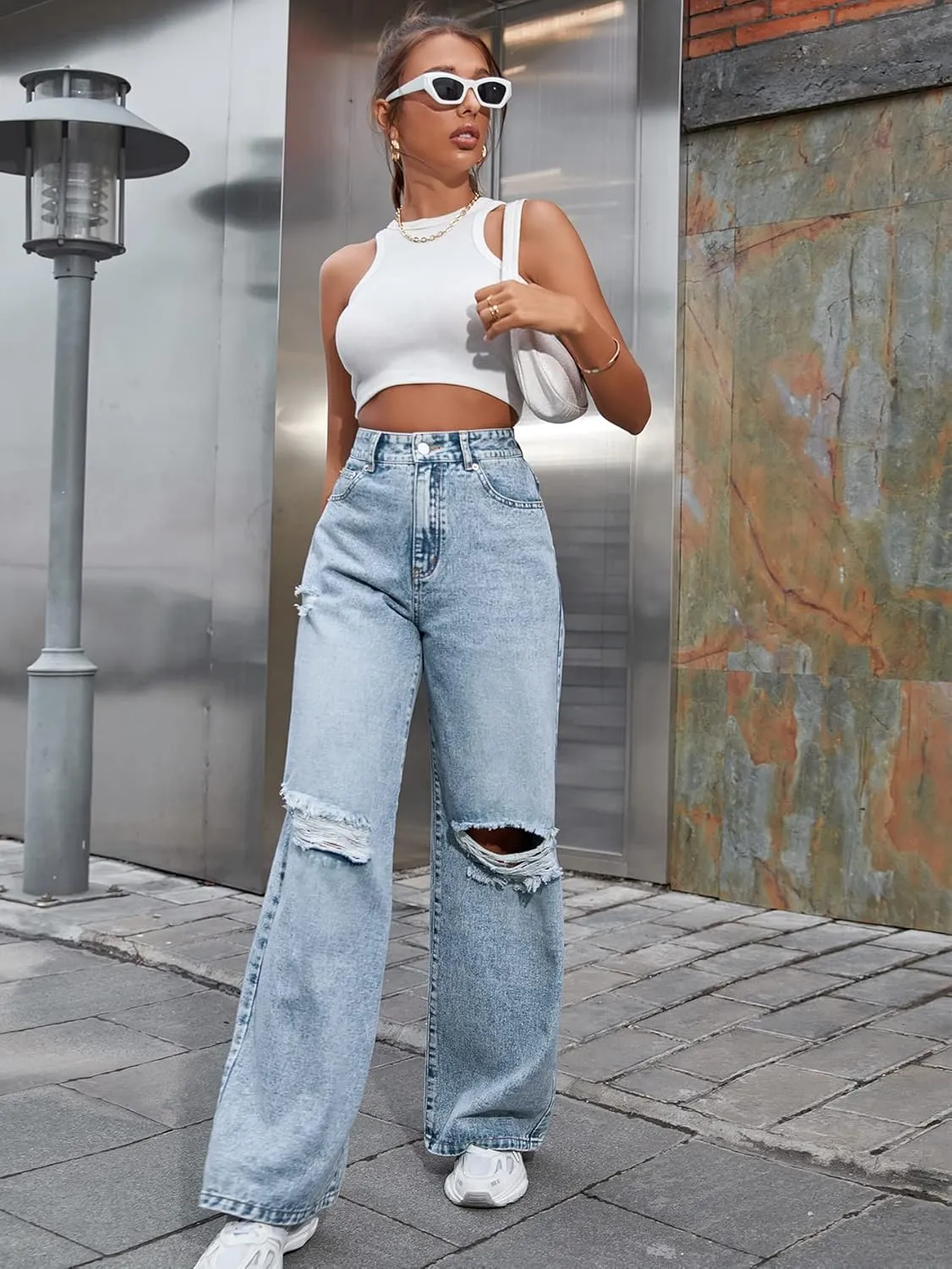 Women's High Waisted Ripped Wide Leg Denim Pants Casual Loose Fit Jeans