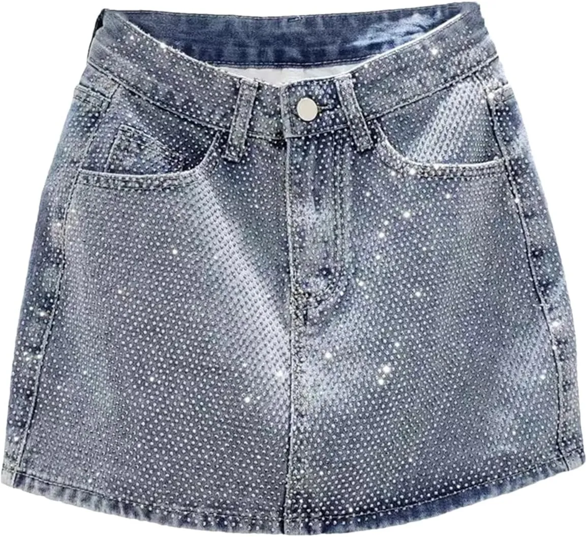 Women's High Waisted Trendy Rivet Denim Skirt Spring Summer All Match A Line Mini Jean Skirts