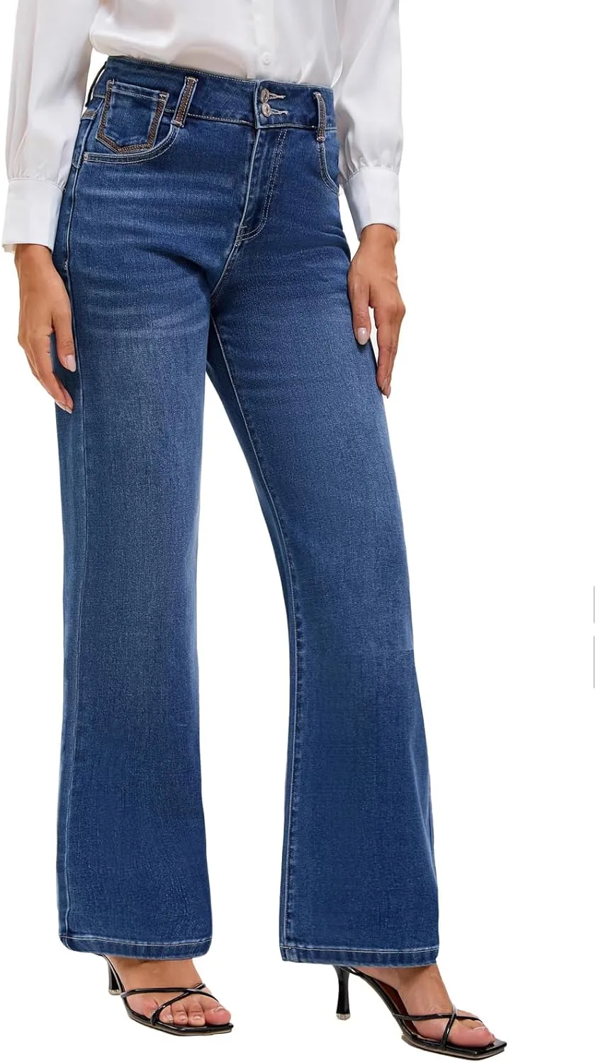 Women's High Waisted Wide Leg Jeans - Stretchy Tummy Control Denim Pants, Loose Fit Straight Leg Baggy Jeans