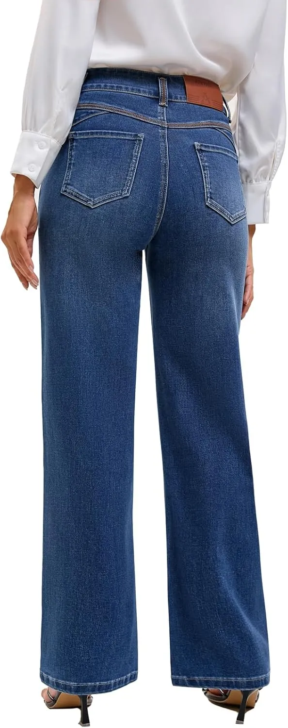 Women's High Waisted Wide Leg Jeans - Stretchy Tummy Control Denim Pants, Loose Fit Straight Leg Baggy Jeans