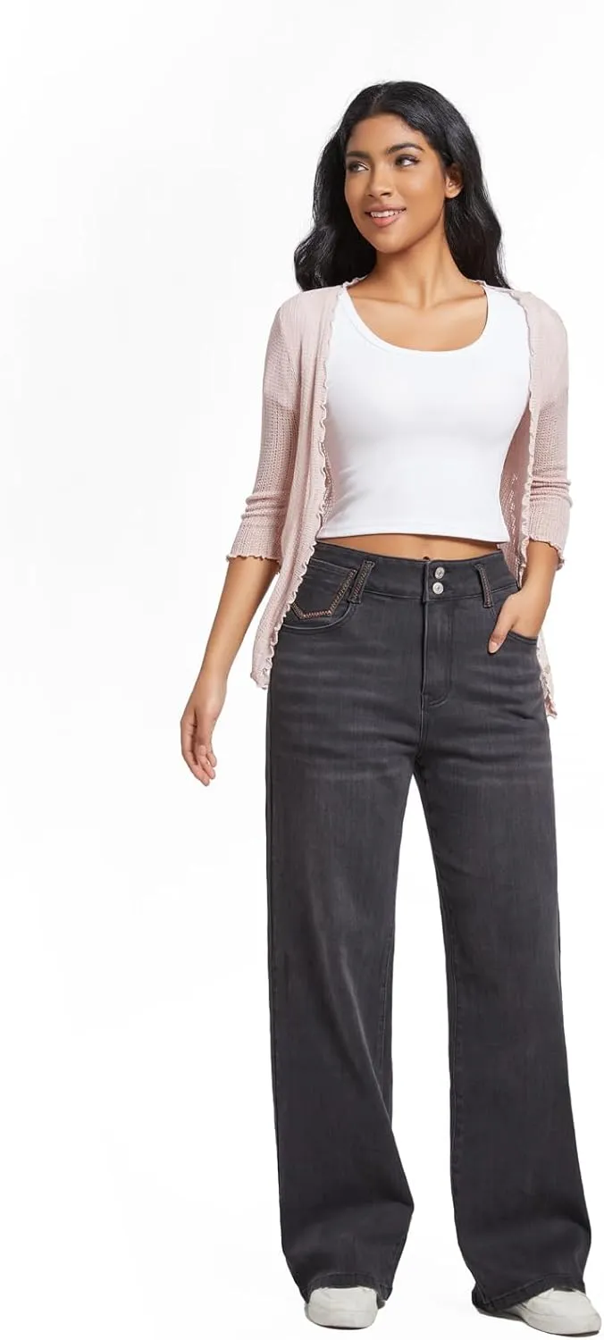 Women's High Waisted Wide Leg Jeans - Stretchy Tummy Control Denim Pants, Loose Fit Straight Leg Baggy Jeans