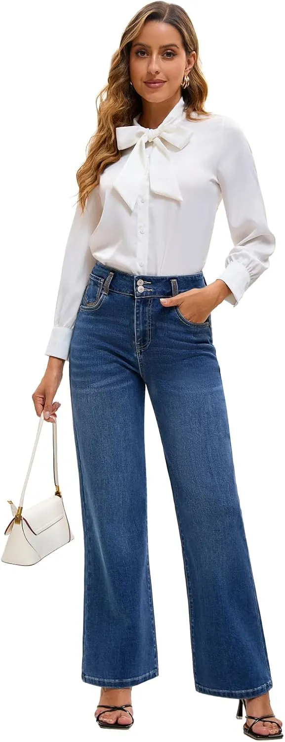 Women's High Waisted Wide Leg Jeans - Stretchy Tummy Control Denim Pants, Loose Fit Straight Leg Baggy Jeans
