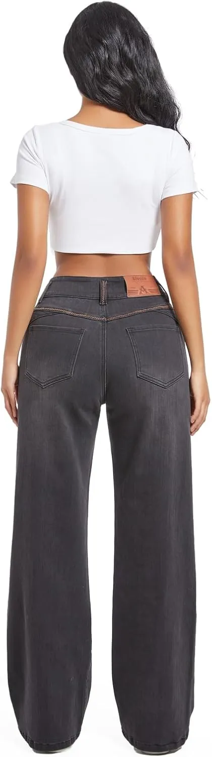 Women's High Waisted Wide Leg Jeans - Stretchy Tummy Control Denim Pants, Loose Fit Straight Leg Baggy Jeans