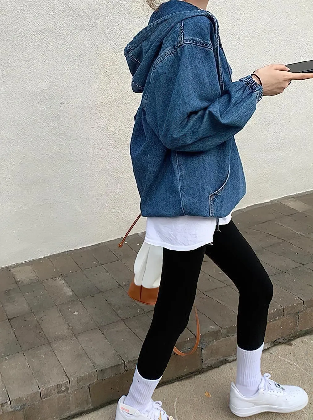Women's Hooded 1/2 Button Down Denim Jacket Casual Boyfriend Style Jean Pullover Sweatshirt Top