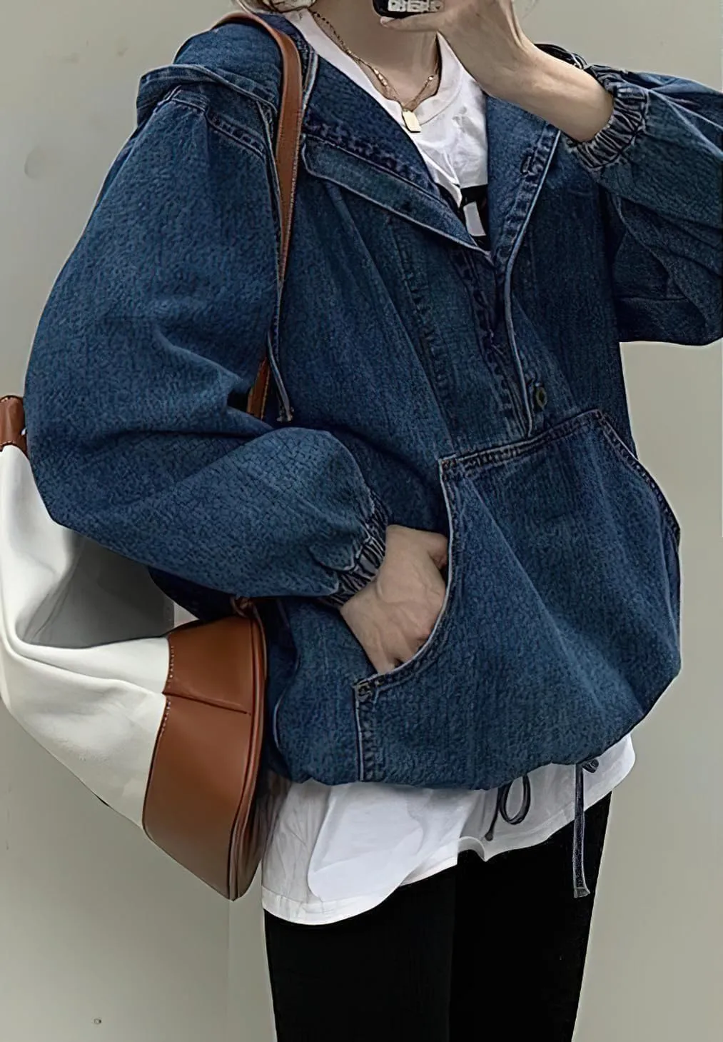 Women's Hooded 1/2 Button Down Denim Jacket Casual Boyfriend Style Jean Pullover Sweatshirt Top
