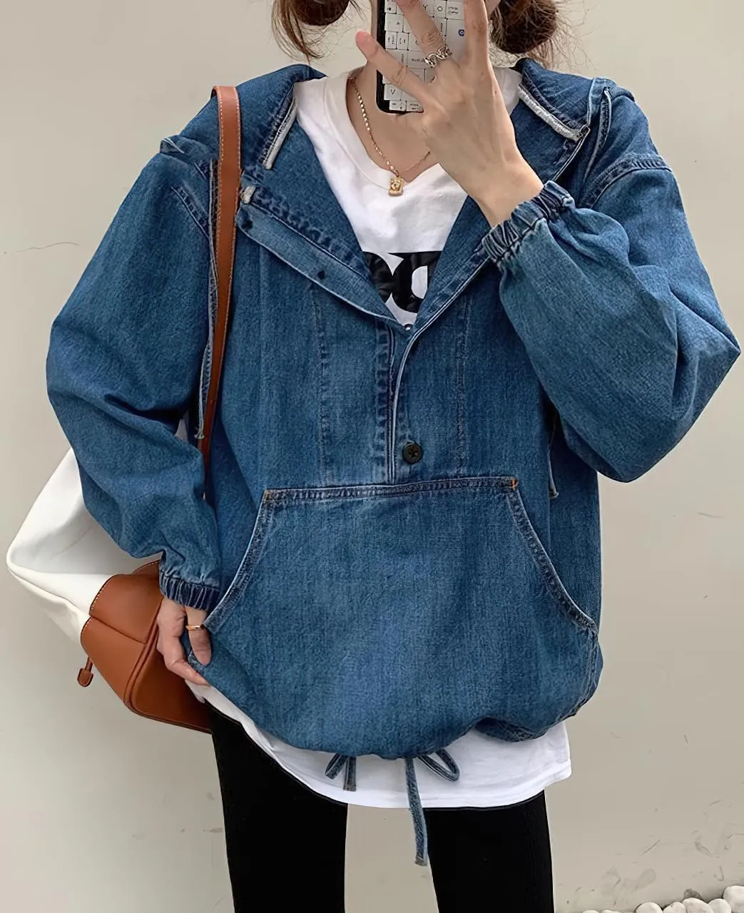 Women's Hooded 1/2 Button Down Denim Jacket Casual Boyfriend Style Jean Pullover Sweatshirt Top