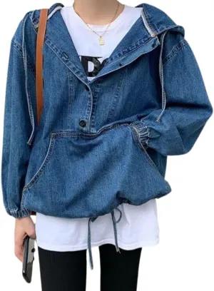 Women's Hooded 1/2 Button Down Denim Jacket Casual Boyfriend Style Jean Pullover Sweatshirt Top