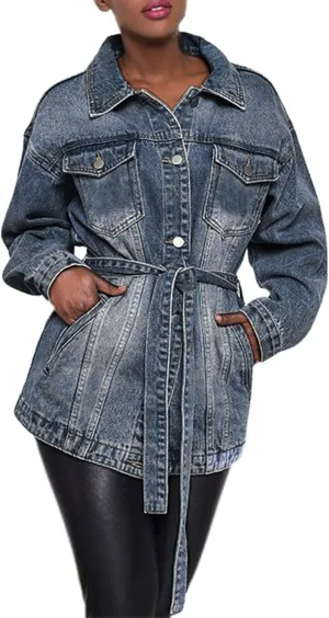 Womens Jean Jacket Women's Mid Length Casual Slim Fit Turn Down Denim Jacket With Waist Belt Country Outfits For