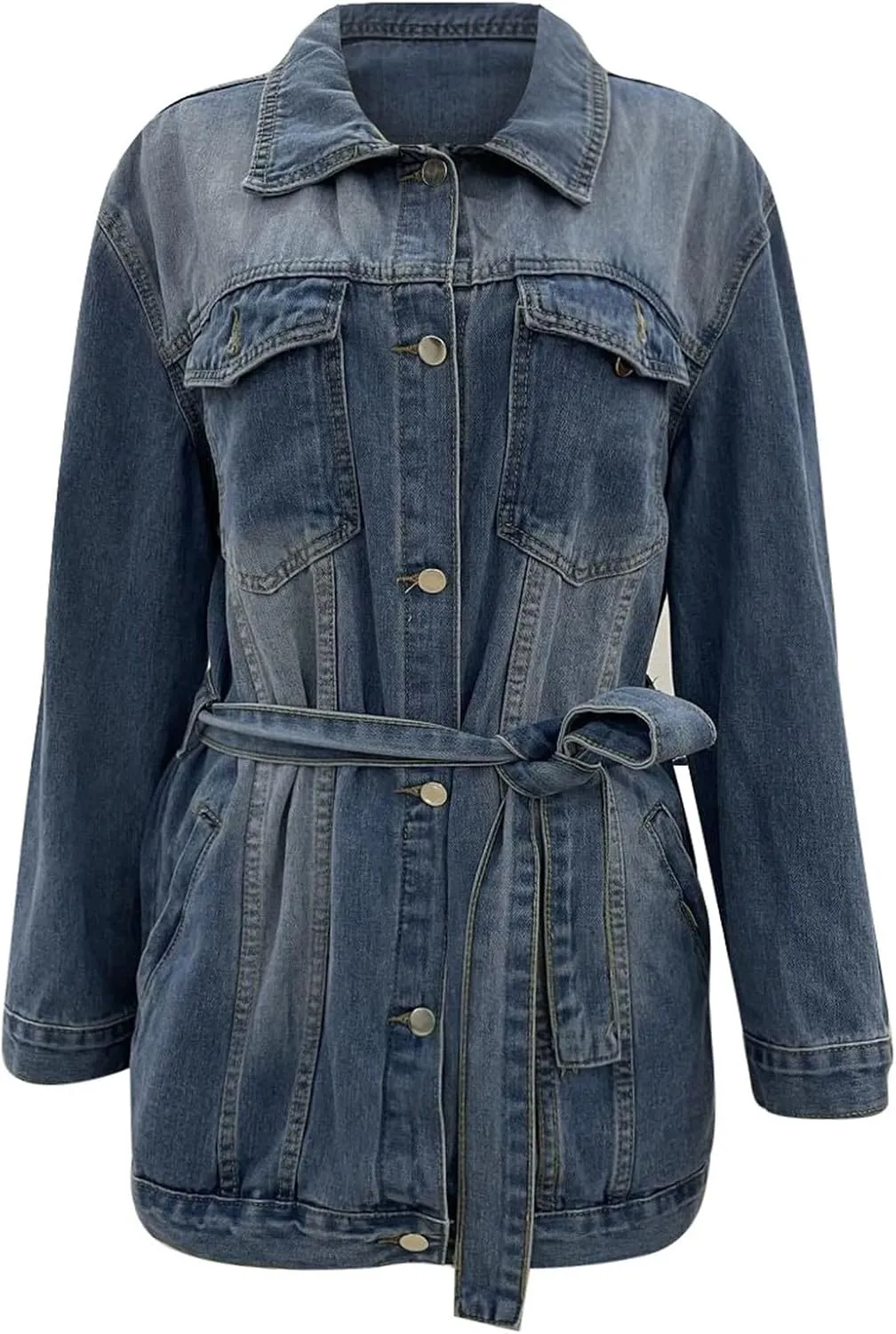 Womens Jean Jacket Women's Mid Length Casual Slim Fit Turn Down Denim Jacket With Waist Belt Country Outfits For