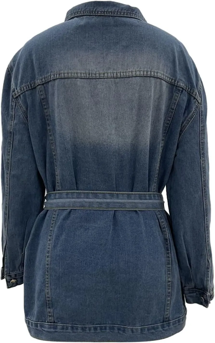 Womens Jean Jacket Women's Mid Length Casual Slim Fit Turn Down Denim Jacket With Waist Belt Country Outfits For
