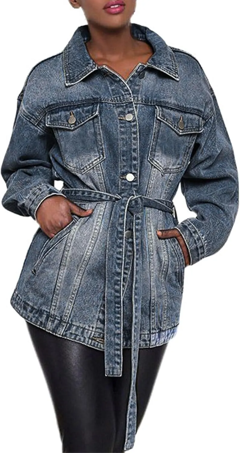 Womens Jean Jacket Women's Mid Length Casual Slim Fit Turn Down Denim Jacket With Waist Belt Country Outfits For