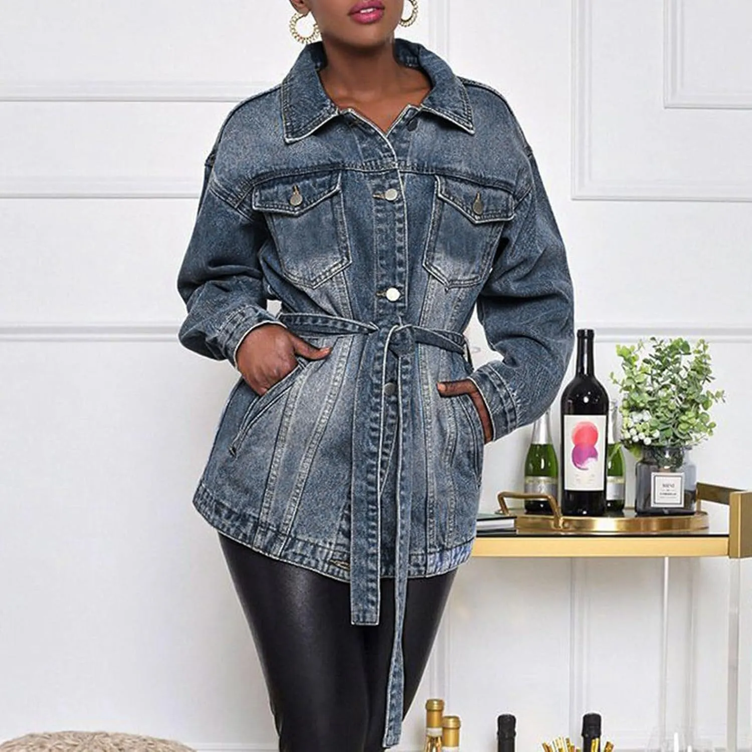 Womens Jean Jacket Women's Mid Length Casual Slim Fit Turn Down Denim Jacket With Waist Belt Country Outfits For