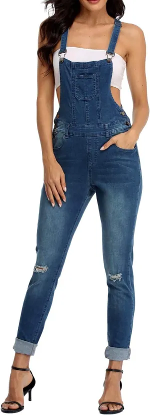 Women's Juniors Denim Stretch Overalls Adjustable Strap Ripped Distressed Jumpsuit Skinny Fit Jeans Pants