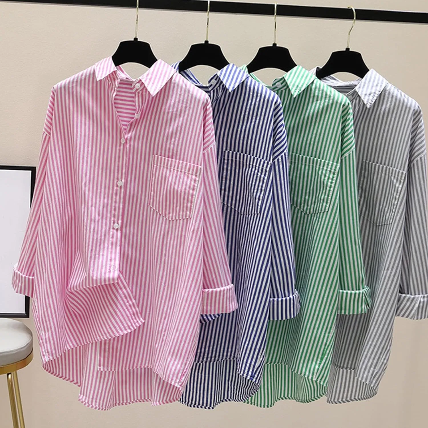 Women's Lapel Collared Striped Tops Casual Roll Up Long Sleeve Blouse Button Down Loose Shirts with Pockets