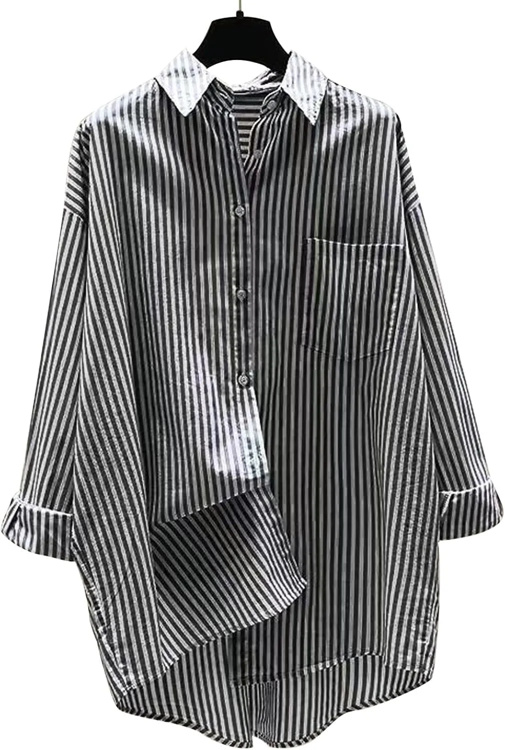 Women's Lapel Collared Striped Tops Casual Roll Up Long Sleeve Blouse Button Down Loose Shirts with Pockets
