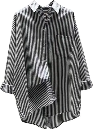 Women's Lapel Collared Striped Tops Casual Roll Up Long Sleeve Blouse Button Down Loose Shirts with Pockets