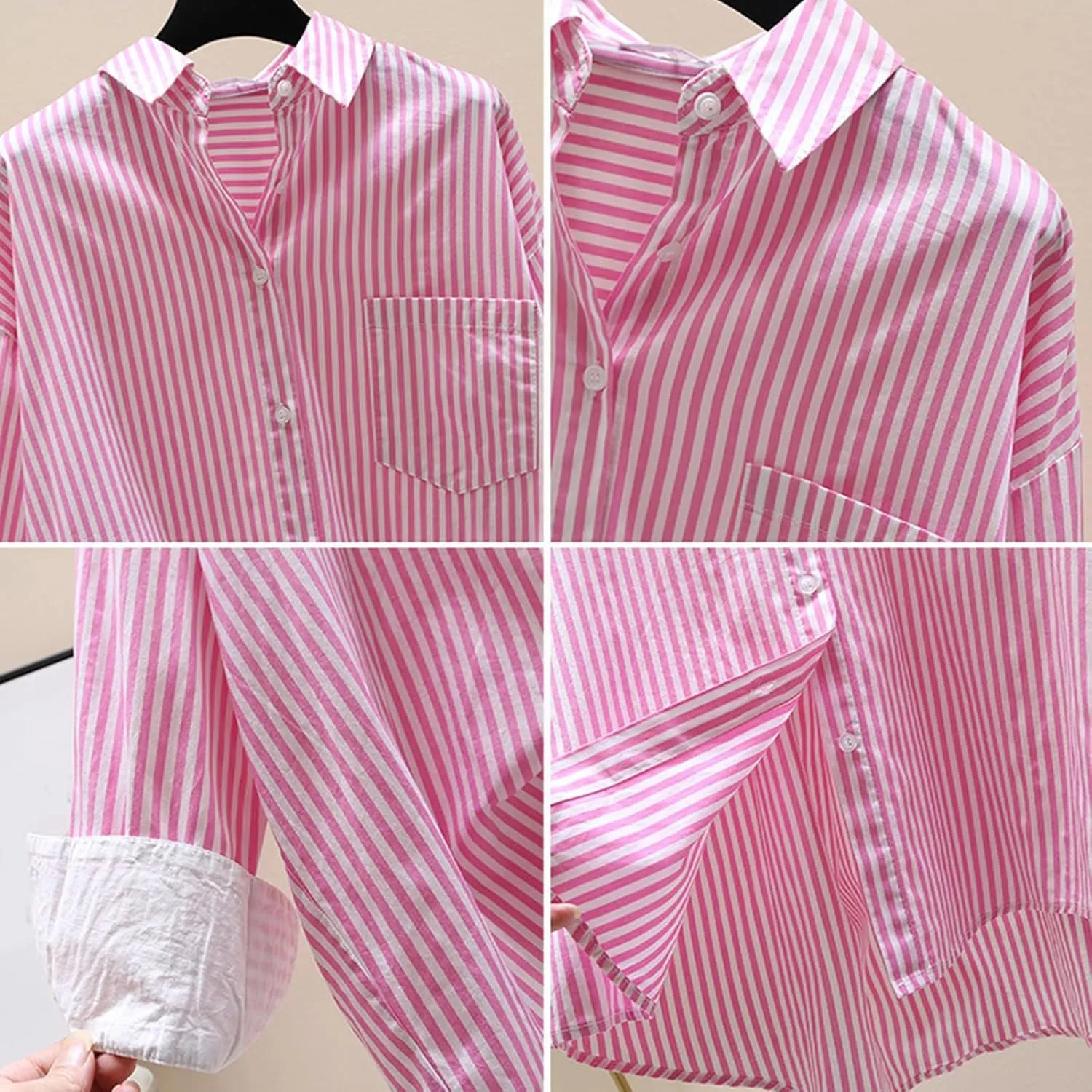 Women's Lapel Collared Striped Tops Casual Roll Up Long Sleeve Blouse Button Down Loose Shirts with Pockets