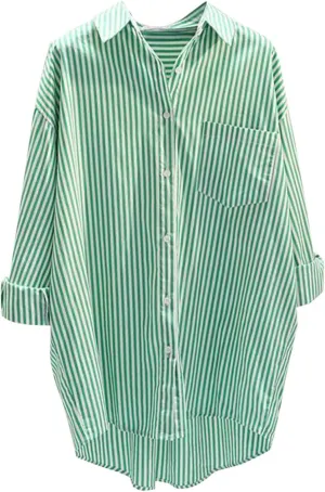 Women's Lapel Collared Striped Tops Casual Roll Up Long Sleeve Blouse Button Down Loose Shirts with Pockets