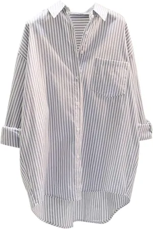 Women's Lapel Collared Striped Tops Casual Roll Up Long Sleeve Blouse Button Down Loose Shirts with Pockets