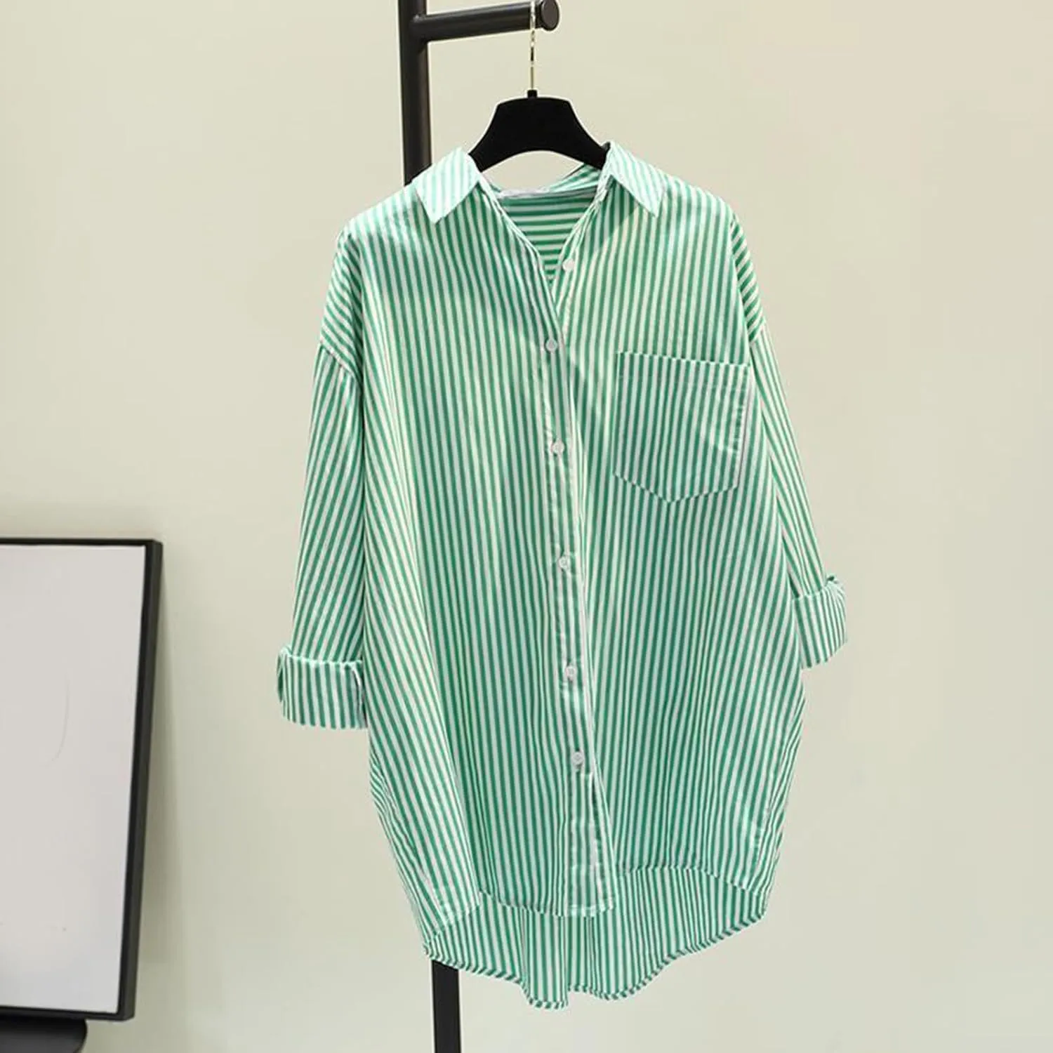 Women's Lapel Collared Striped Tops Casual Roll Up Long Sleeve Blouse Button Down Loose Shirts with Pockets