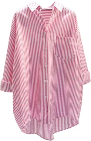 Women's Lapel Collared Striped Tops Casual Roll Up Long Sleeve Blouse Button Down Loose Shirts with Pockets