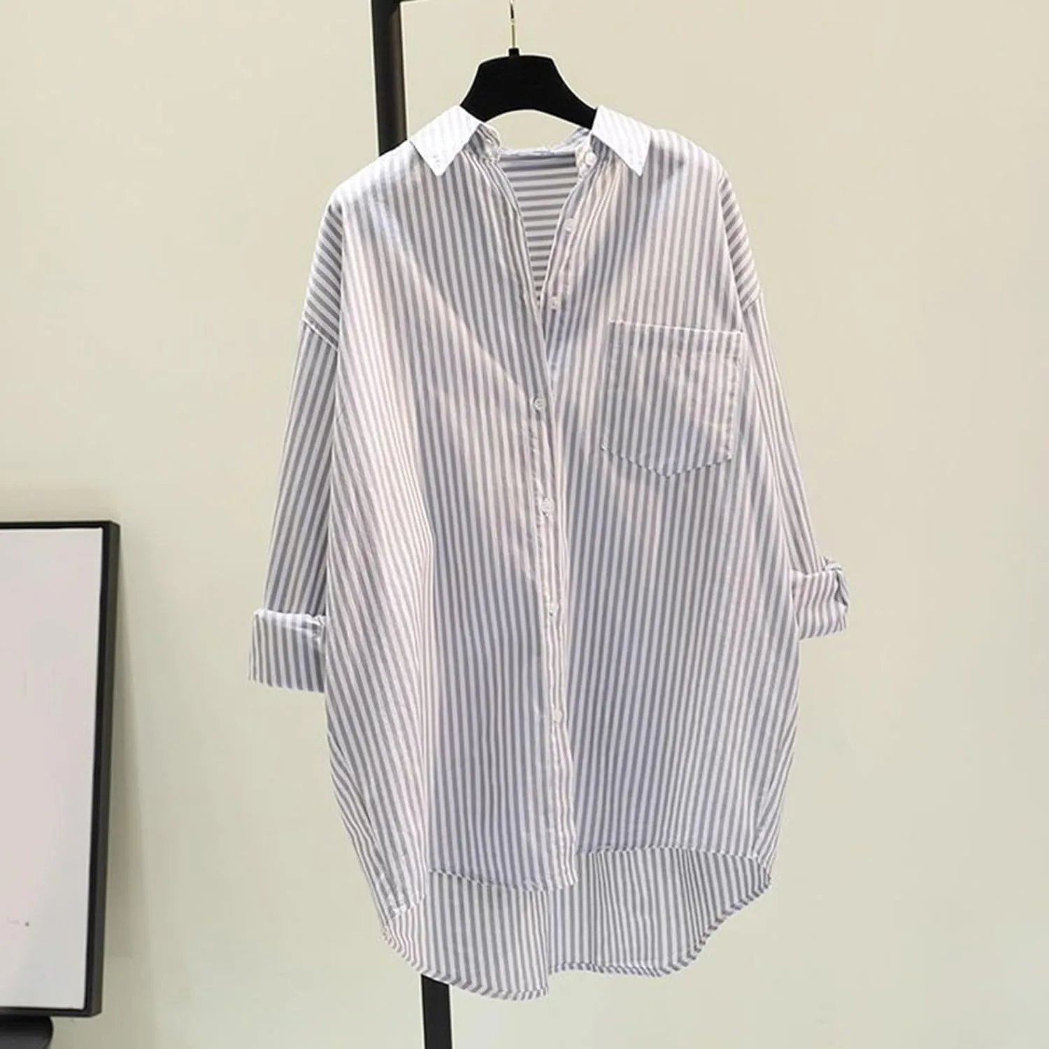 Women's Lapel Collared Striped Tops Casual Roll Up Long Sleeve Blouse Button Down Loose Shirts with Pockets