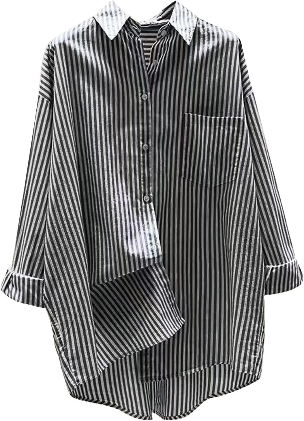 Women's Lapel Collared Striped Tops Casual Roll Up Long Sleeve Blouse Button Down Loose Shirts with Pockets