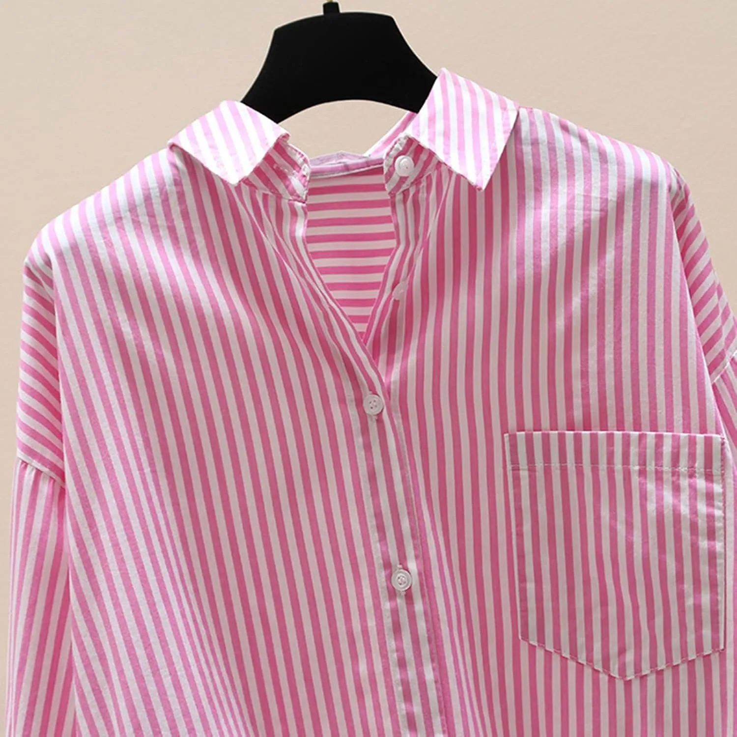 Women's Lapel Collared Striped Tops Casual Roll Up Long Sleeve Blouse Button Down Loose Shirts with Pockets