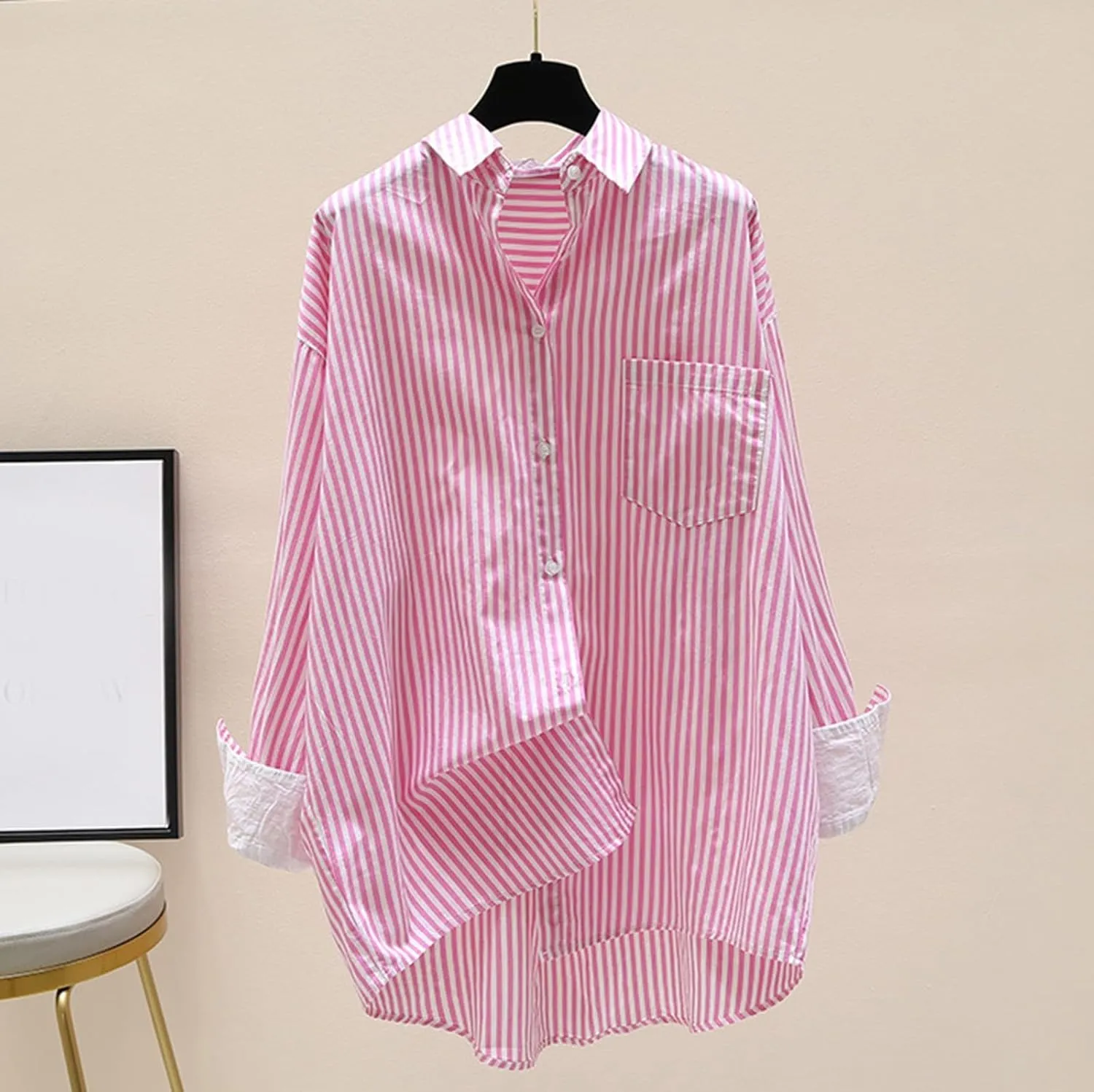 Women's Lapel Collared Striped Tops Casual Roll Up Long Sleeve Blouse Button Down Loose Shirts with Pockets