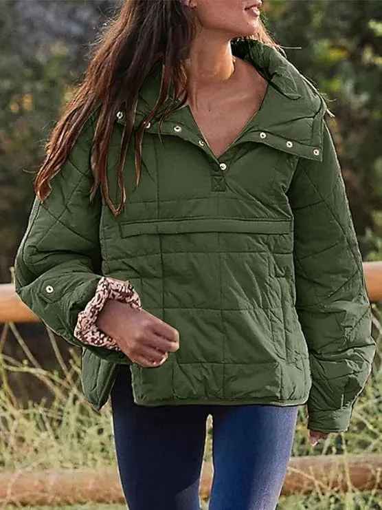 Women's Lightweight Down Jacket Sweatshirt Half Button Foldable Hooded Long Sleeved Lightweight Warm Top Jacket