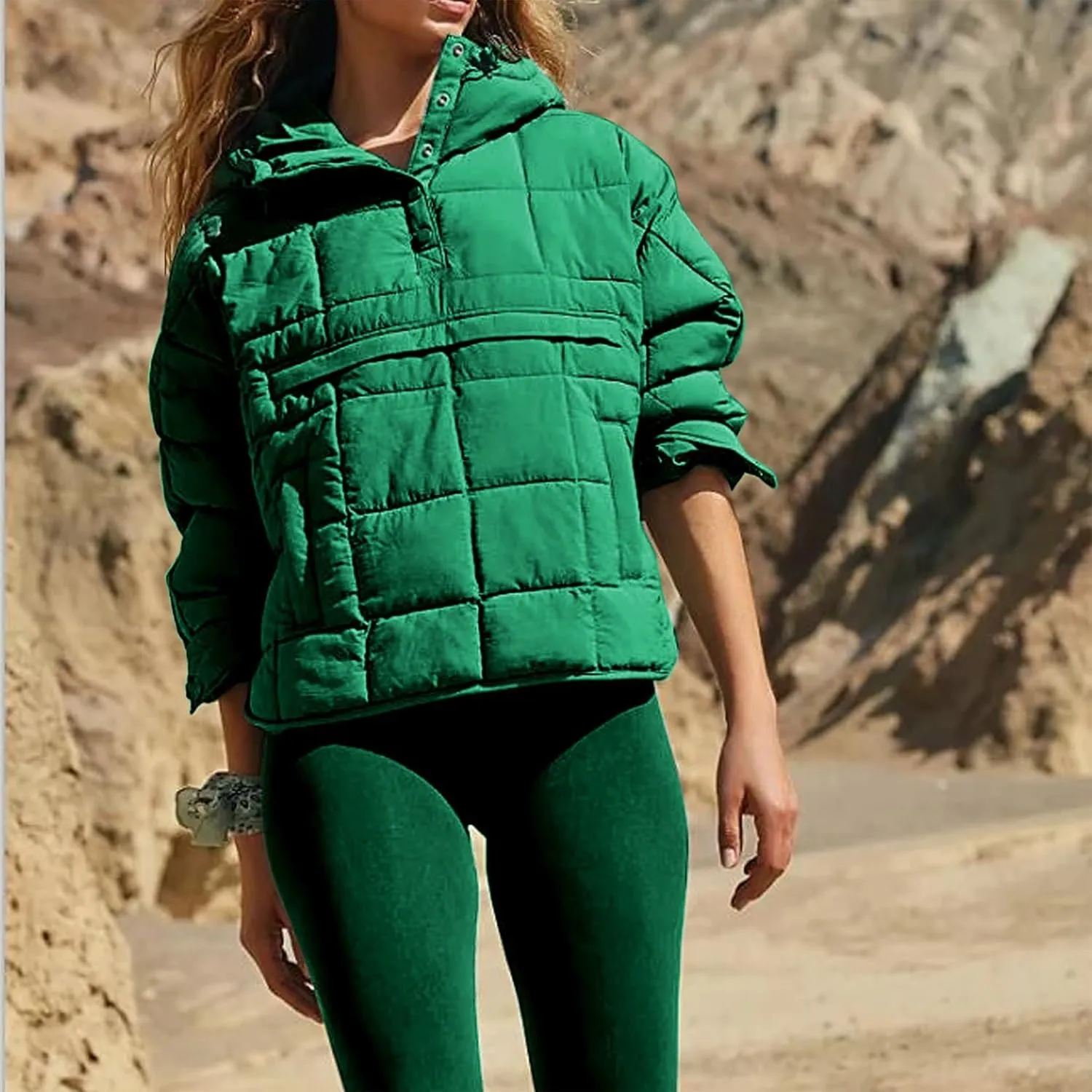 Women's Lightweight Down Jacket Sweatshirt Half Button Foldable Hooded Long Sleeved Lightweight Warm Top Jacket