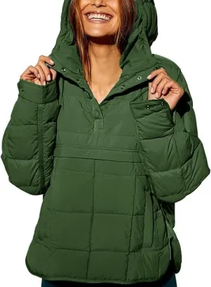 Women's Lightweight Down Jacket Sweatshirt Half Button Foldable Hooded Long Sleeved Lightweight Warm Top Jacket