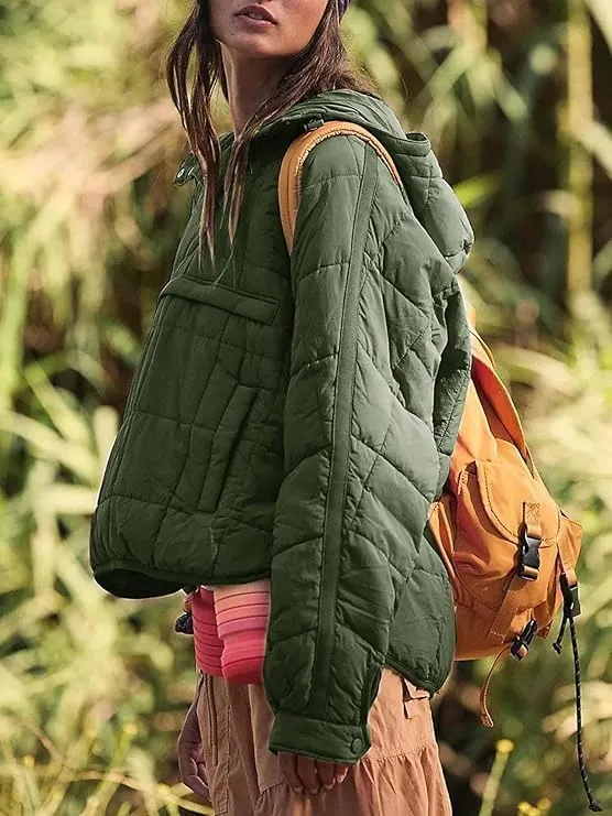 Women's Lightweight Down Jacket Sweatshirt Half Button Foldable Hooded Long Sleeved Lightweight Warm Top Jacket