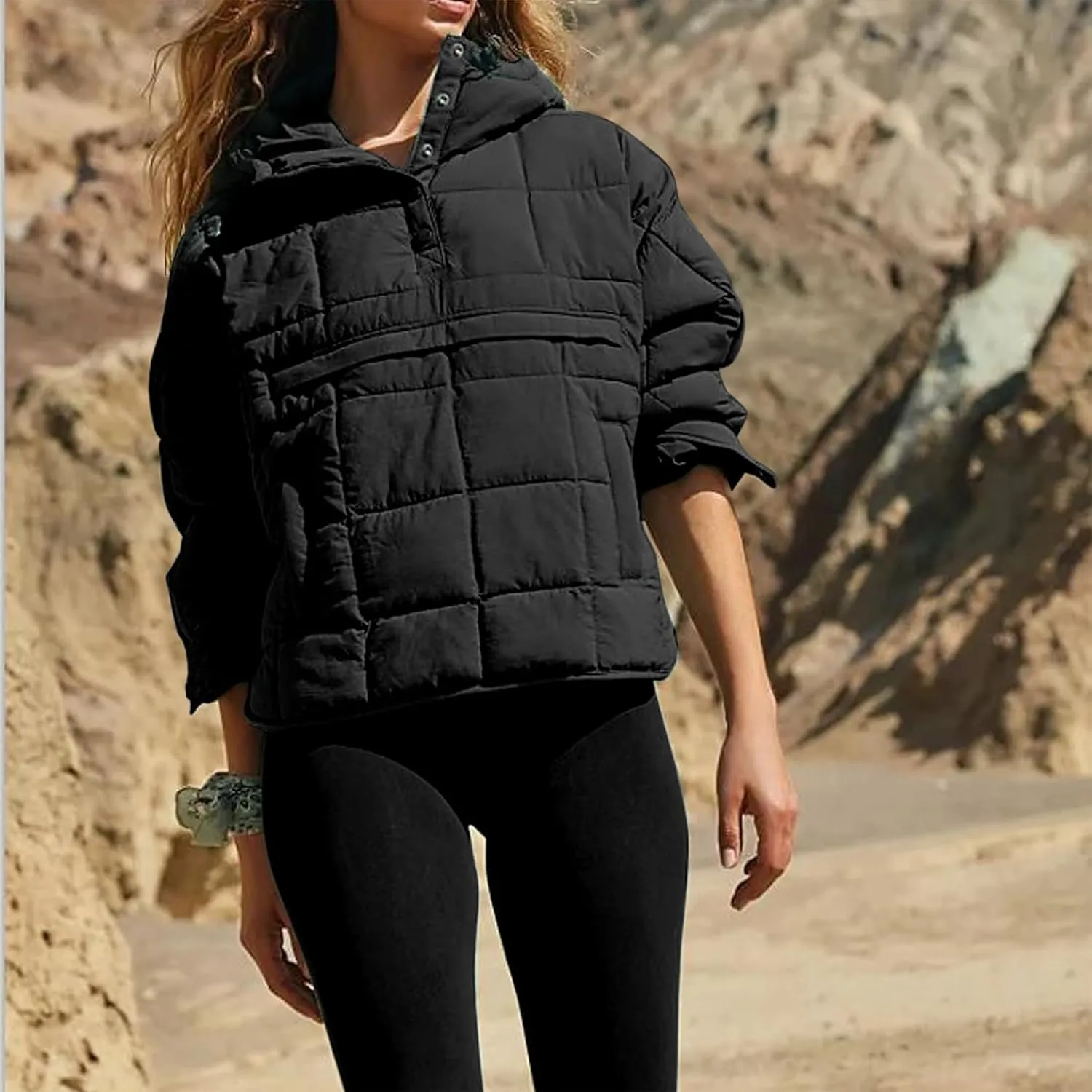 Women's Lightweight Down Jacket Sweatshirt Half Button Foldable Hooded Long Sleeved Lightweight Warm Top Jacket