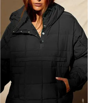 Women's Lightweight Down Jacket Sweatshirt Half Button Foldable Hooded Long Sleeved Lightweight Warm Top Jacket