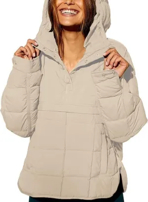 Women's Lightweight Down Jacket Sweatshirt Half Button Foldable Hooded Long Sleeved Lightweight Warm Top Jacket