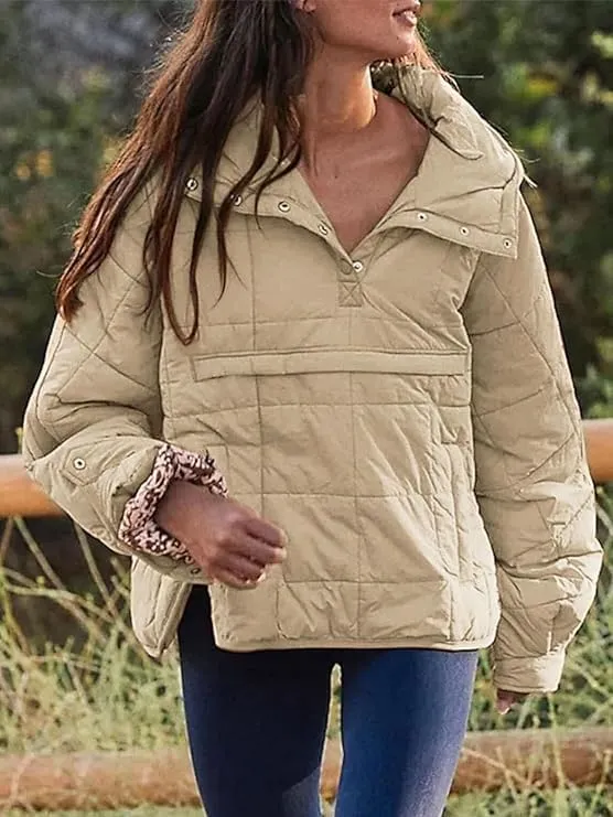 Women's Lightweight Down Jacket Sweatshirt Half Button Foldable Hooded Long Sleeved Lightweight Warm Top Jacket