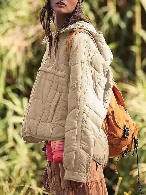Women's Lightweight Down Jacket Sweatshirt Half Button Foldable Hooded Long Sleeved Lightweight Warm Top Jacket
