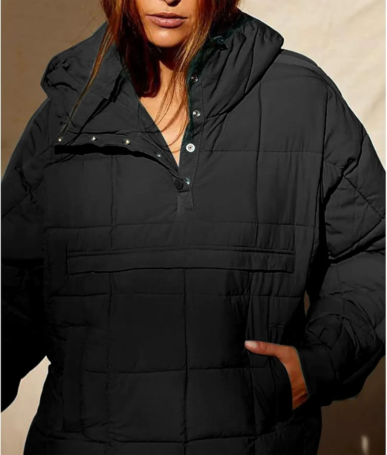 Women's Lightweight Down Jacket Sweatshirt Half Button Foldable Hooded Long Sleeved Lightweight Warm Top Jacket